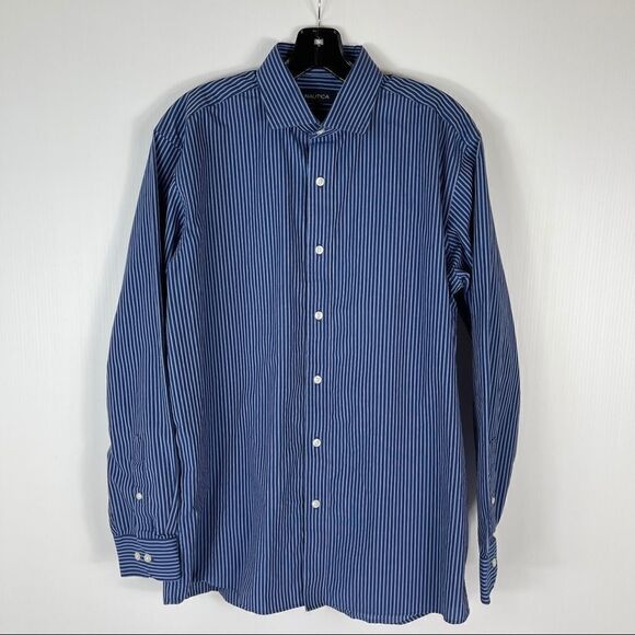 Nautica Men’s Size 16 34/35 Long Sleeve Button Up Blue Stripe Wrinkle Free Shirt - Picture 1 of 5